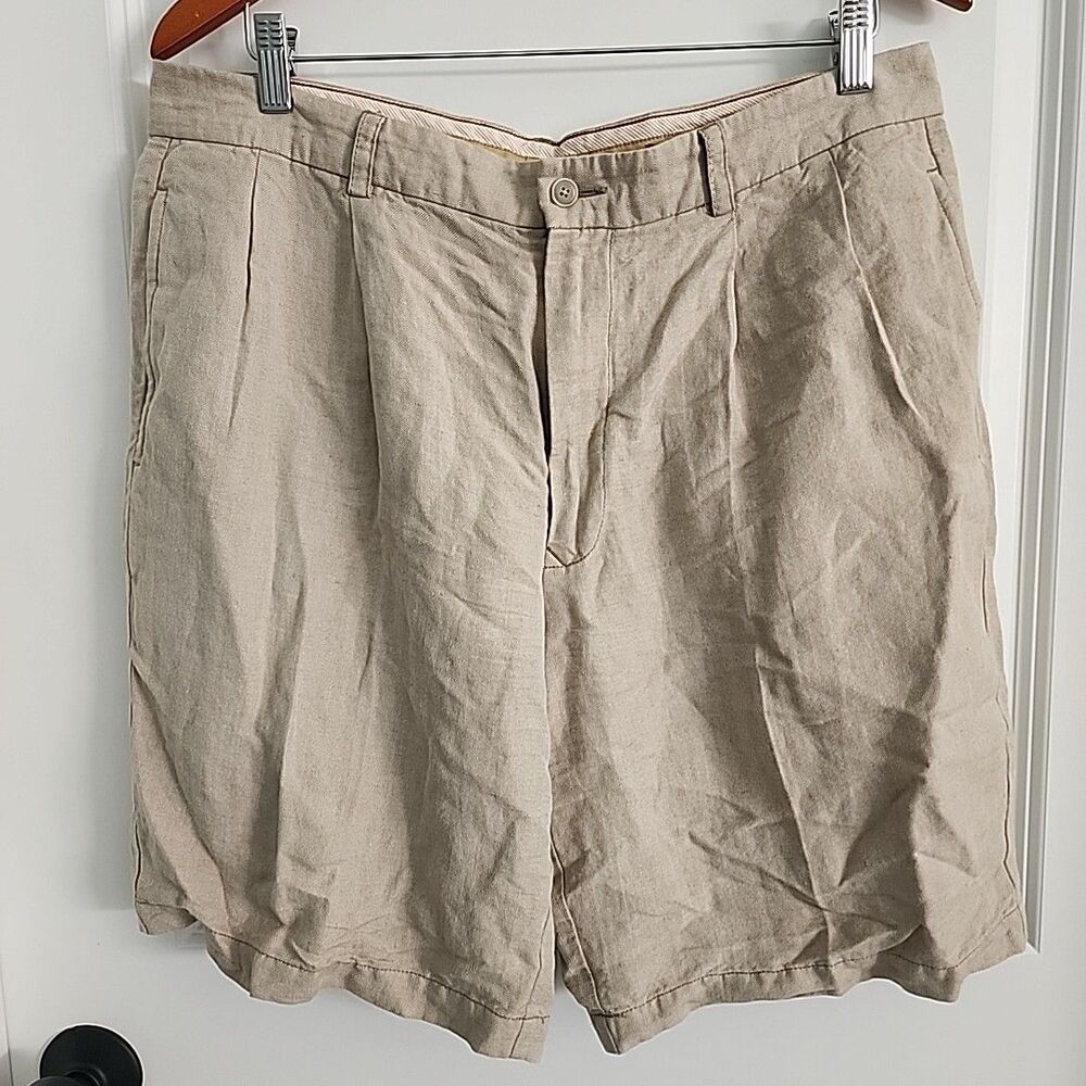Tommy Bahama Linen Silk Shorts Mens Size 35 Khaki Tan Pleated Chino 9" Beach